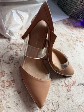 BCBGeneration Tan Pointed Toe Heels with Clear Vinyl Straps